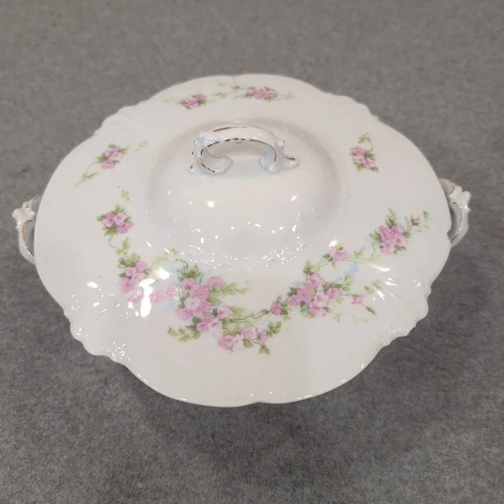 Antique Porcelain Covered Vegetable Tureen Pink Floral Gold‎ Gilt Footed Dish